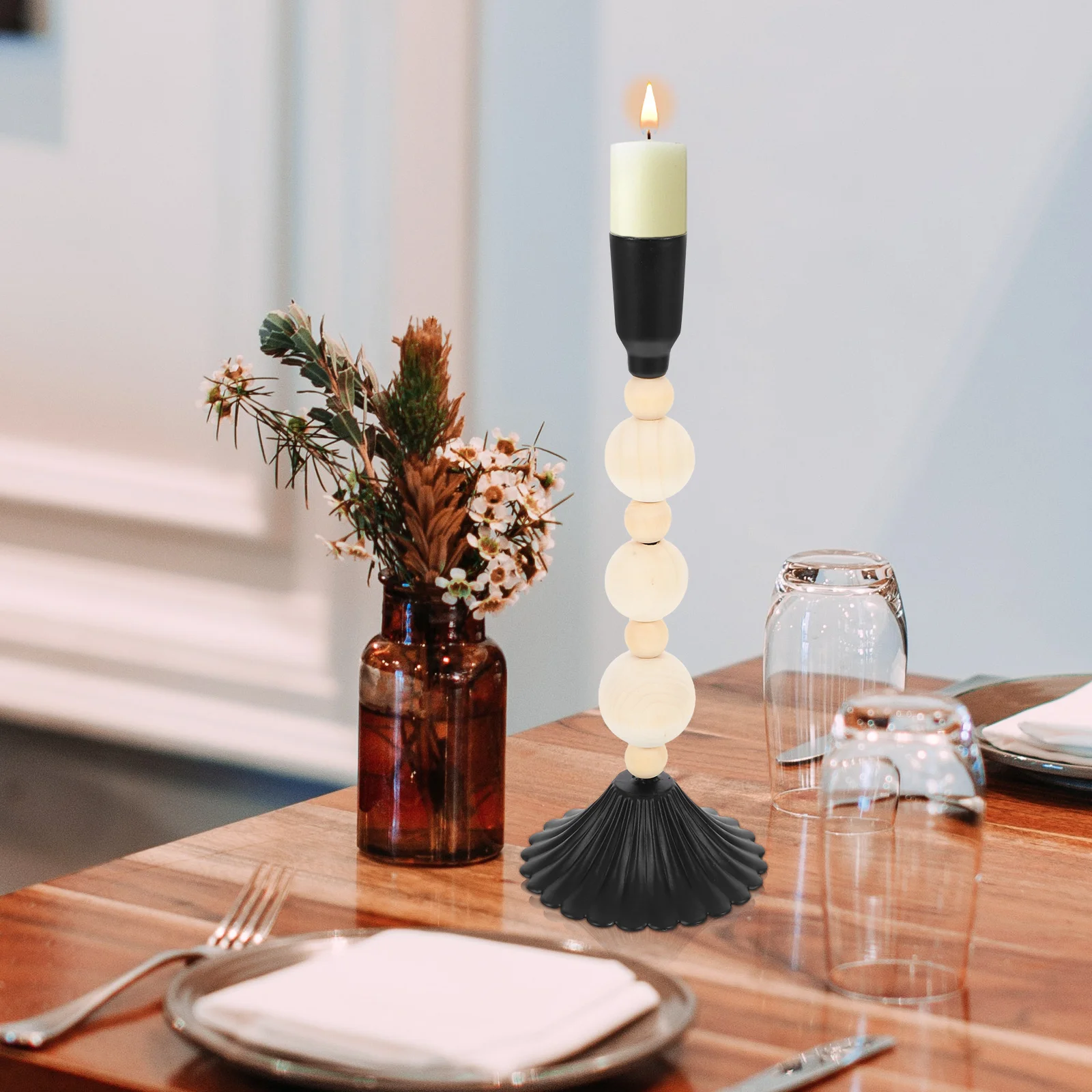 

Single Vintage Wood Bead Iron Candlestick Holder Black Decorative Stand for Farmhouse Dining Table Single Holder