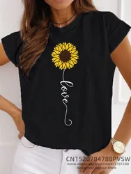 Camiseta básica informal con estampado de girasoles y cuello redondo para mujer, camisetas Harajuku Y2K con tacto suave para chicas jóvenes, camisetas para mujer