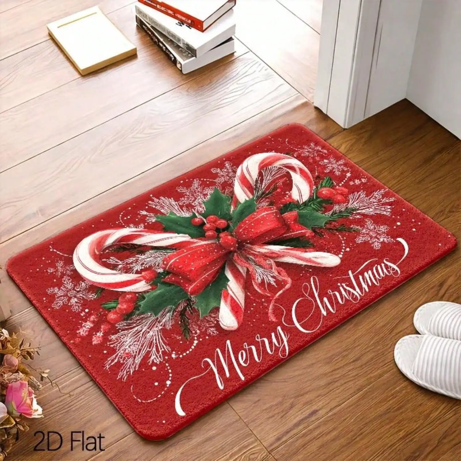 1pc, 2D Flat Foot Mat, Candy Cane Holly Christmas Theme Floor Mat, Watercolor Festive Holiday Painting Style, Merry Christmas Festival Vocabulary, Red