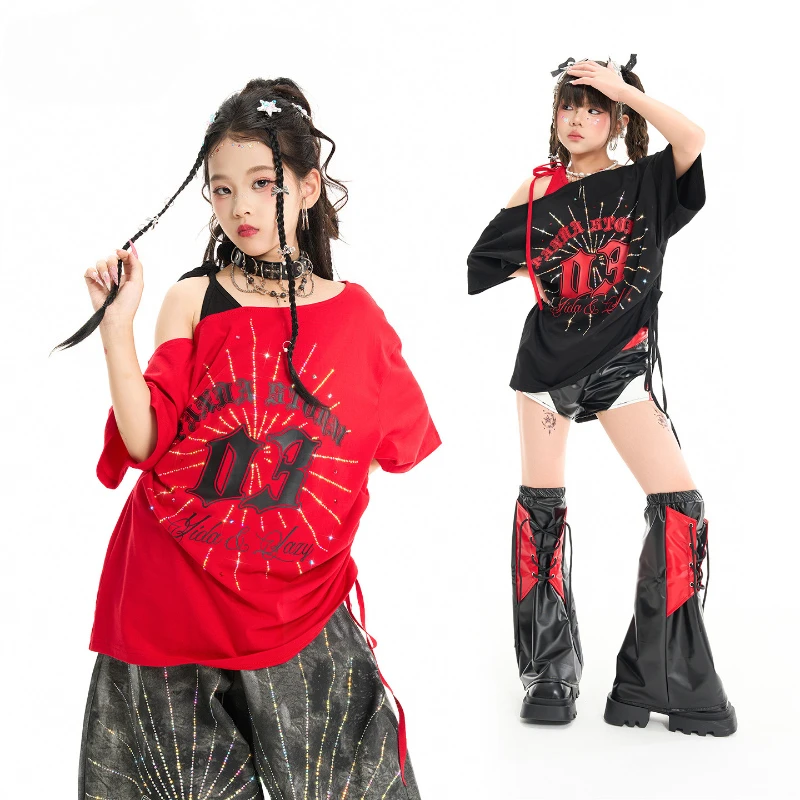 

Girls Jazz Stage Costume K-pop Performance Clothes Group Street Dance Suit Hip Hop Dance Outfit Red Black Top Baggy Pants Sets