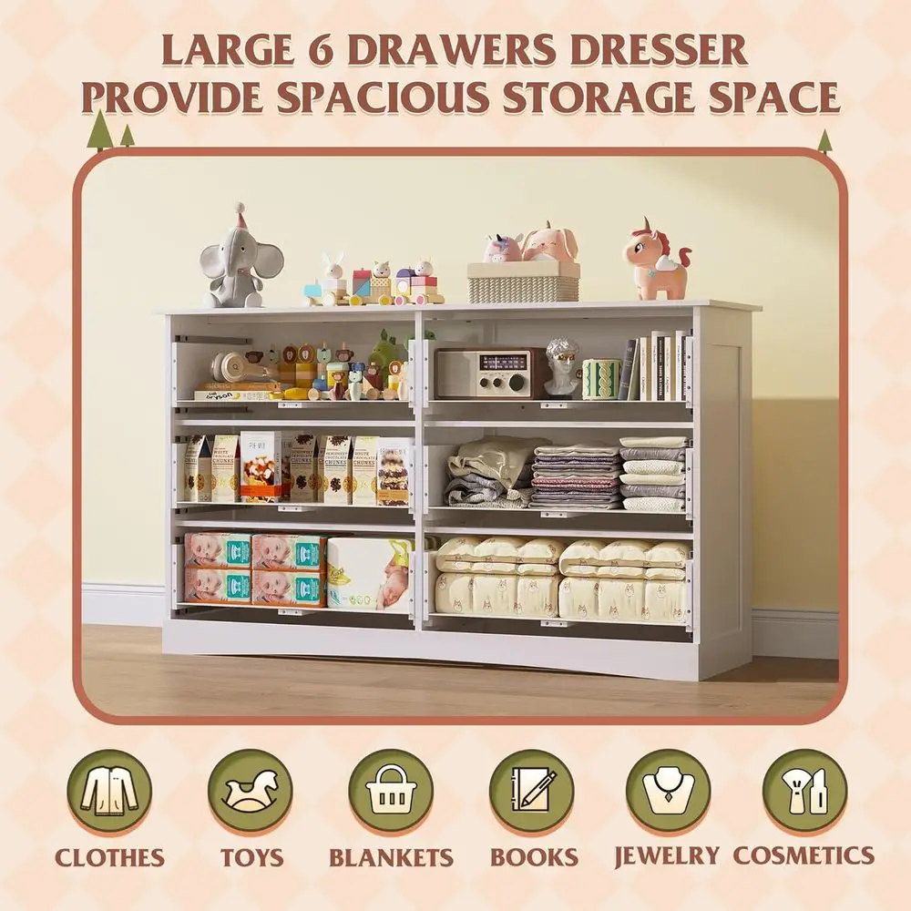 DAFIFY Baú de madeira largo com 6 gavetas para quarto, grande unidade de torre de armazenamento branca, organizador de armário moderno e minimalista para sala de estar