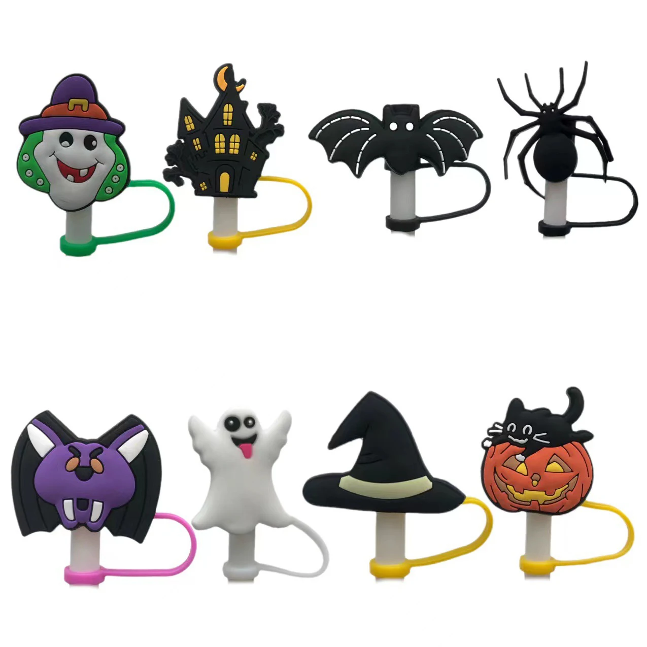 Halloween Silicone Straw Cover Cap:Adorable Ghost, Bat, Witch Hat and Pumpkin Design - for 9-10mm Straw Dust-Proof Reusable