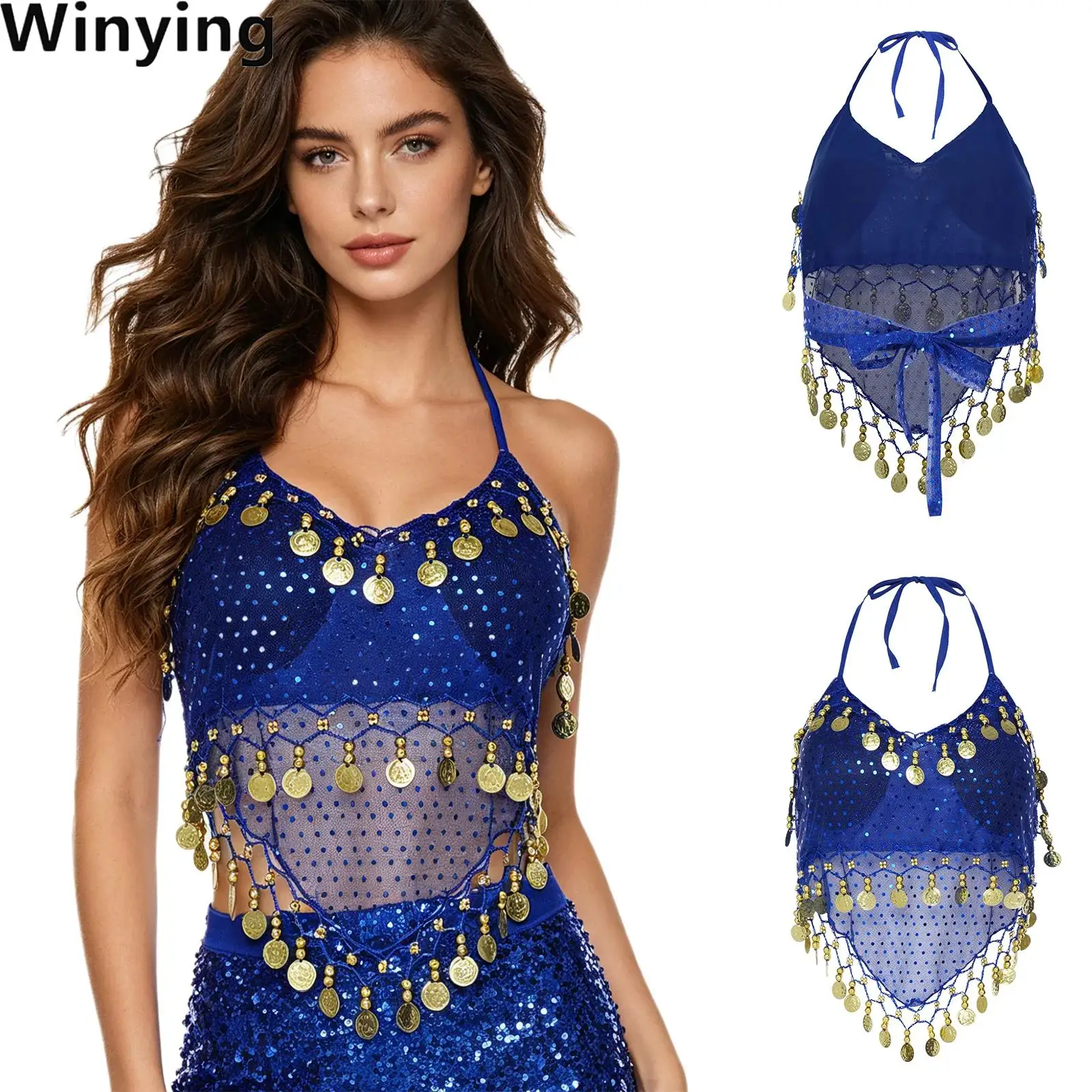 Women Sequined Crop Top Belly Dance Top with Built-in Pad V Neck Halter Backless Tassel Trim Making Crisp Sound Top