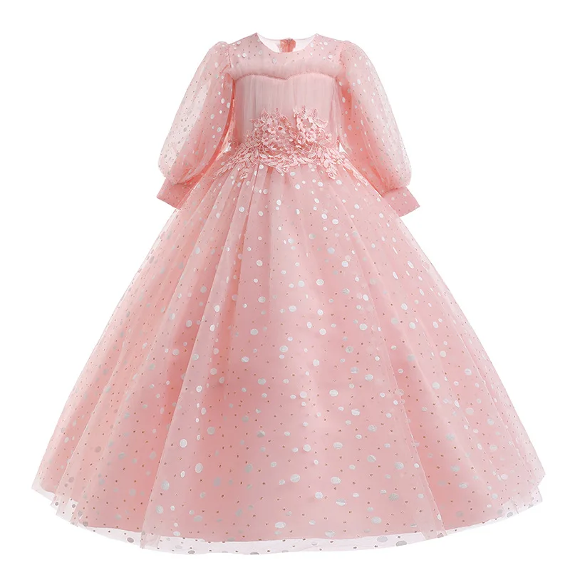 New Princess Dress Children\'s Long-Sleeved Puffy Dress Occidental Birthday Party Performance Dress Host Dress