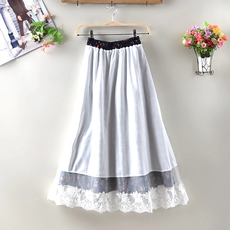 Autumn Winter Vintage Thick Lace Patchwork Corduroy Skirt Women Elastic High Waist Floral Print Skirts Lady A-Line Long Vestidos