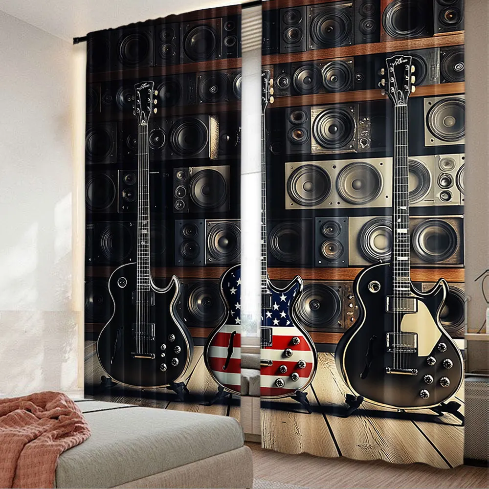 

2Pcs American Flag Curtain Black And Us Bass Guitar Electronic Rock Music Theme For Bedroom Living Room And Dining Room
