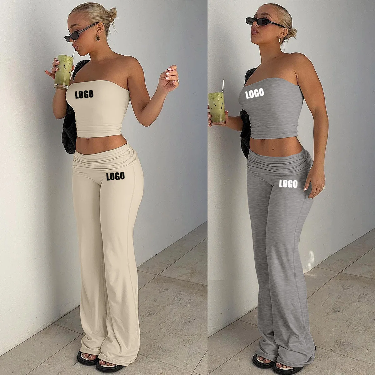 Custom LOGO women's clothing 2024 autumn new tube top flared trousers fashion slim two-piece set