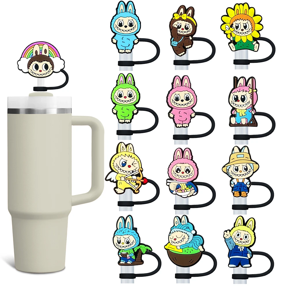 1-16PCS Cute Labubu Charm Cartoon Straw Cover Cap 10MM Drink Straw Plug Reusable Splash Proof Drinking Cup Straw Cap Accessories