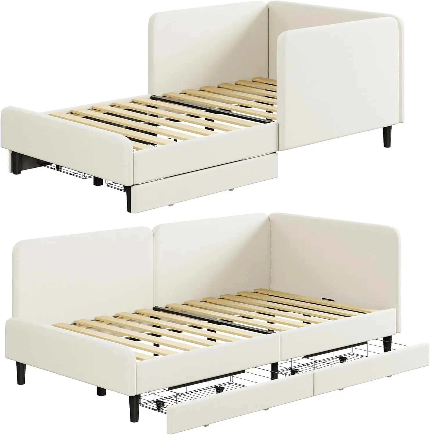 Twin XL Daybed with Headboard, Corner Bed Frame with Bed Rails and Storage Drawers, Solid Support, for Bedroom Guest Room, Cream