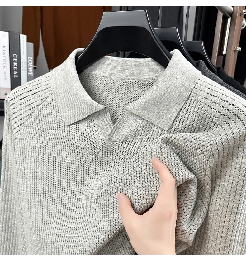 

Новинка 2025 года, мужской вязаный свитер из 100% хлопка, весенне-осенний высококачественный повседневный свитер-поло с длинными рукавами и воротником «Чайка»