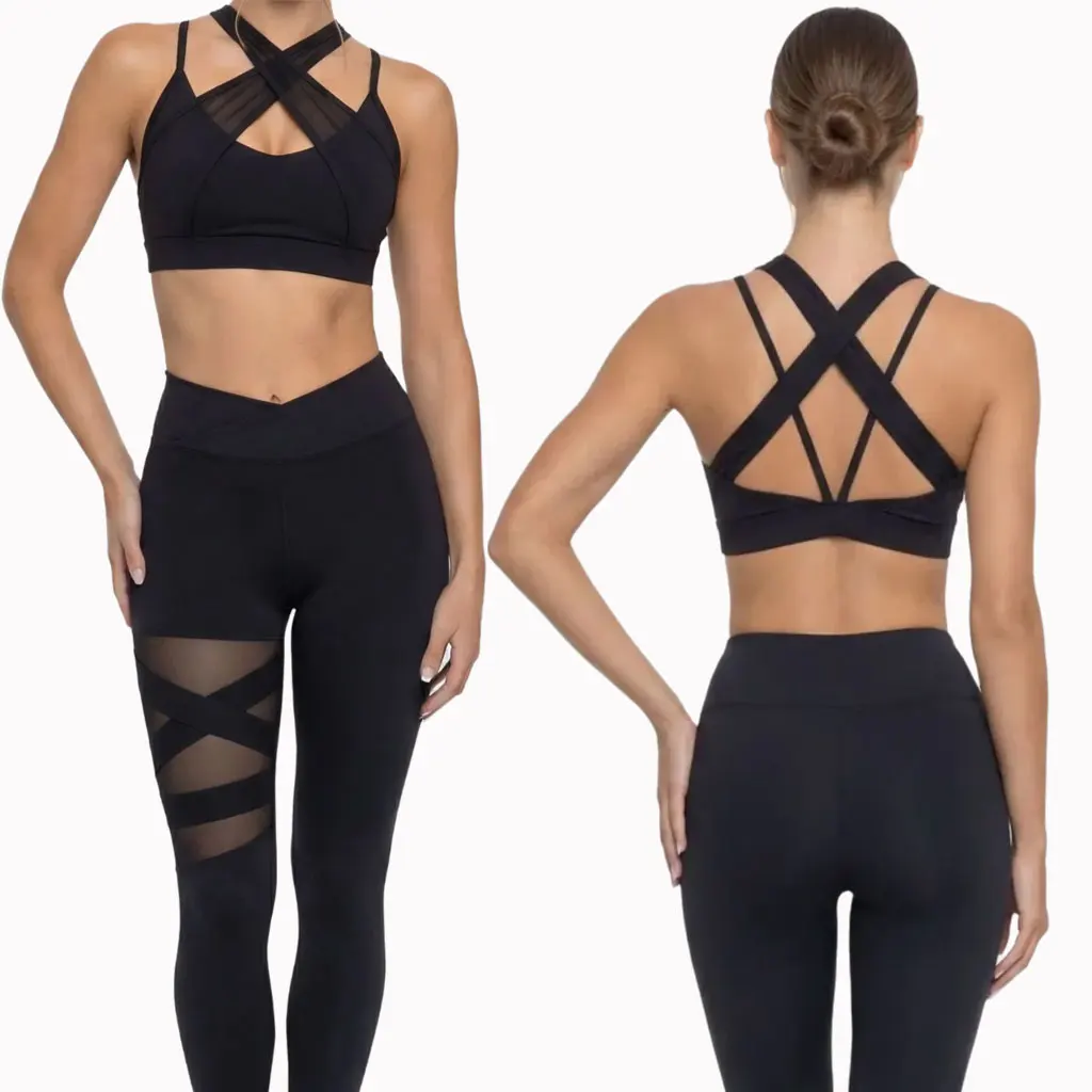 

FUBEIKE Yoga Mesh Stitching Suit Sports Leisure High Waist Pants Women's Tight Leggings Workout Breathable Beauty Back Top