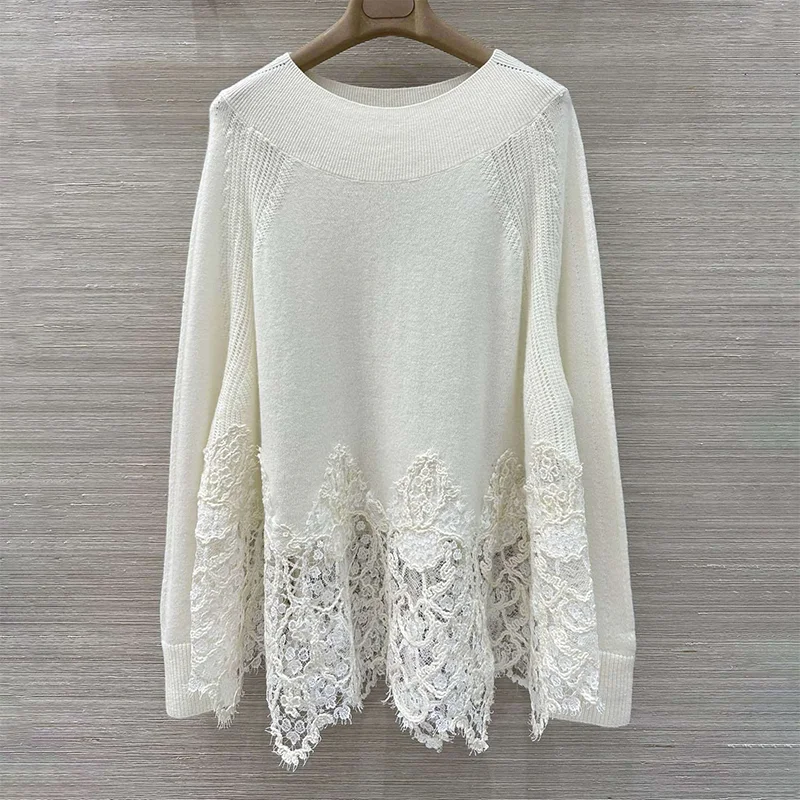 

Высококачественный шерстяной кружевной женский свитер в стиле пэчворк с широким воротником, пуловер, популярный ленивый стиль 25101288