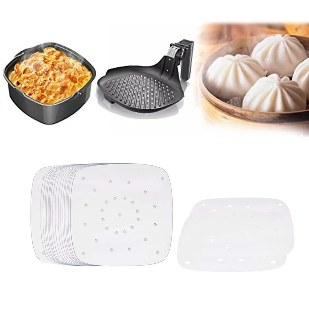 100Pcs Square Air Fryer Liners Disposable Perforated Parchment Paper Liners Grease Absorbing White Steamer Mat Baking Supplies