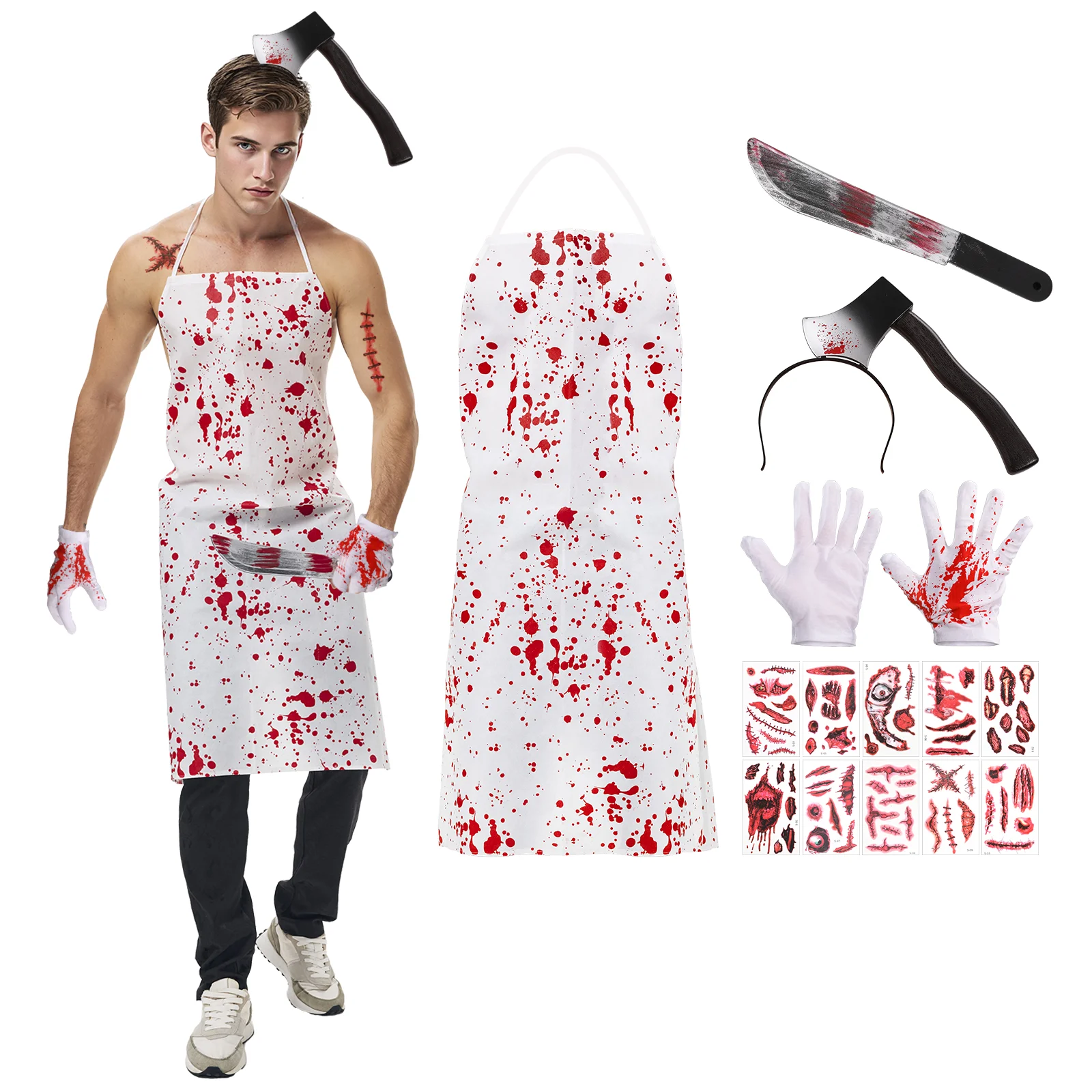 

Bloody Butcher Apron Costume Killer Chef Apron Scary Knife Headband Spooky Tattoo Stickers Halloween Cosplay Accessory for Adult