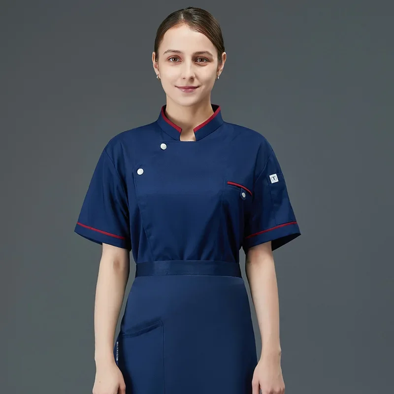 Short Sleeve Restaurant Overalls Catering Cooking Coat Male Chef Shirt Bakery Waiter Work Uniform Summer Catering Kitchen Outfit