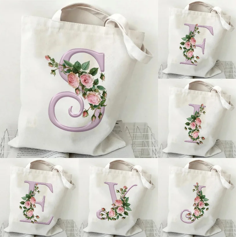 

Women's Canvas Tote Bag Purple Rose A-Z 26 Letter Print Reusable Shopping Tote Bag School Bag Shoulder Bag Handbag