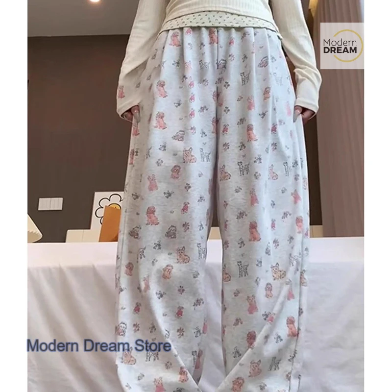 French plus size loose cute puppy print casual sweatpants women's spring and summer fashion thin gray loose lazy wide-leg pants