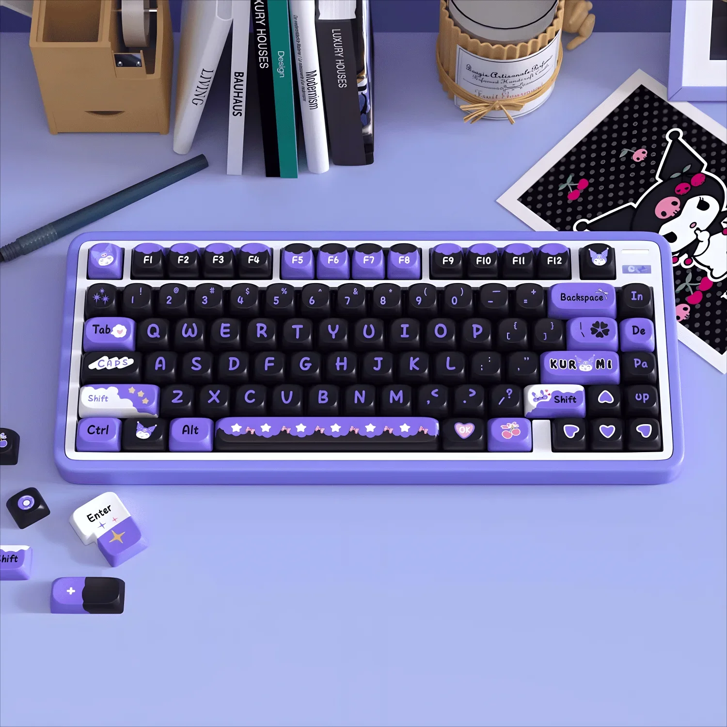 

Girls Keycaps Kurome SOA Keycaps PBT Large Full Set Personalized Purple Black for 60/64/84/98/108 Gaming Mechanical Keyboard MX