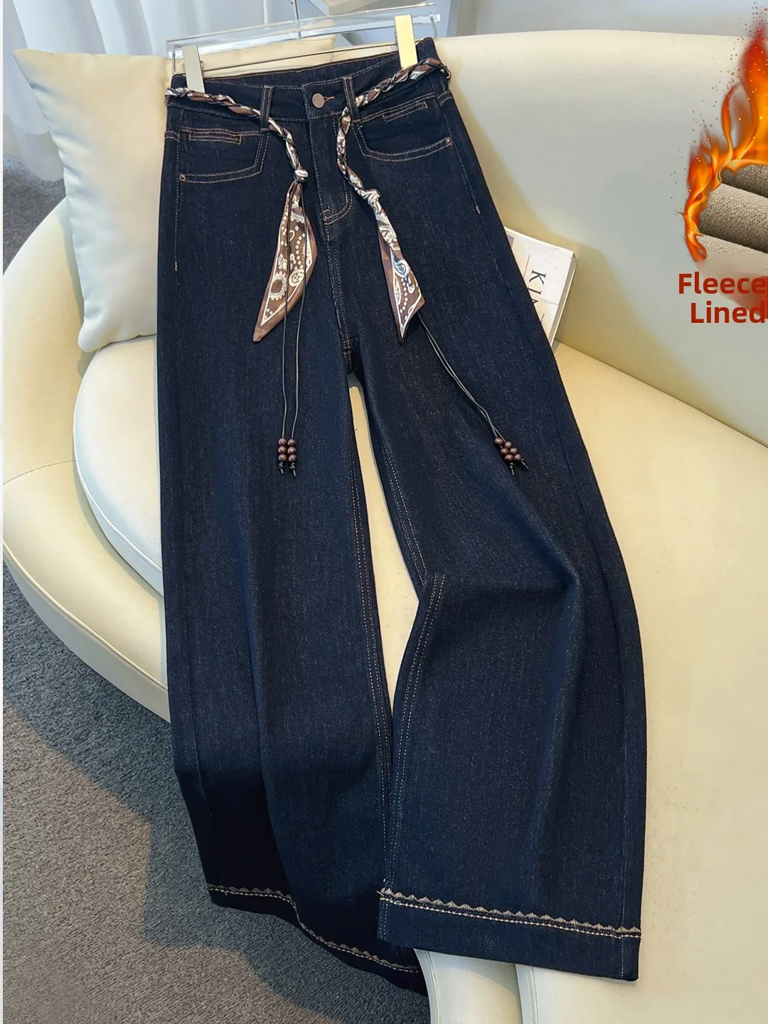 

Thickened Fleece Wide Leg Denim Jeans Women's Autumn Winter High Waist Straight Cut Trousers with Belt And Scarf Casual Style