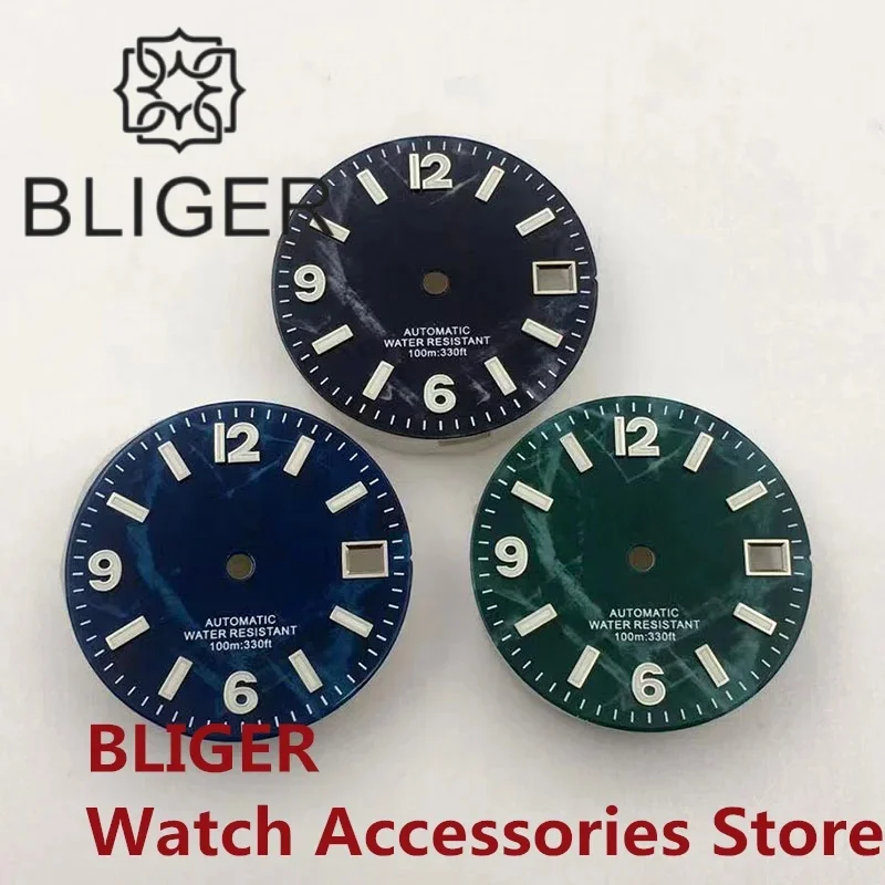 

BLIGER 29mm Watch Dial Black Blue Green C3 Luminous Dial Fit NH35 NH36 Movement 3 O'clock Crown