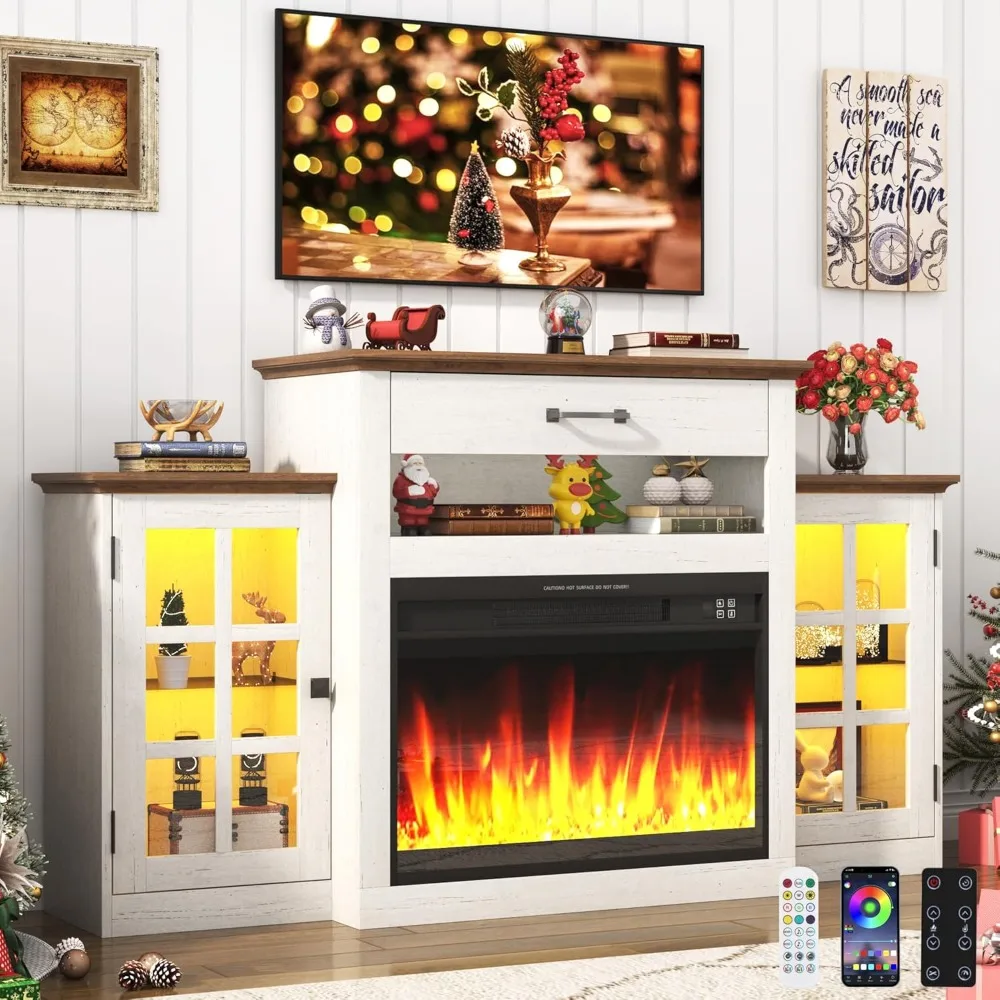 

60" Fireplace TV Stand with Mantel w/6000-Colors Lights,Electric Fireplace W/Remote Control W/Heater for Living Room
