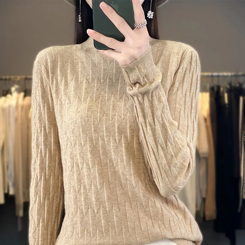 Autumn Winter Women Pure Wool Blend Soft Sweater Half-high Collar Diamond Grid Pullover Cashmere Female Solid Bottoming Knit Top