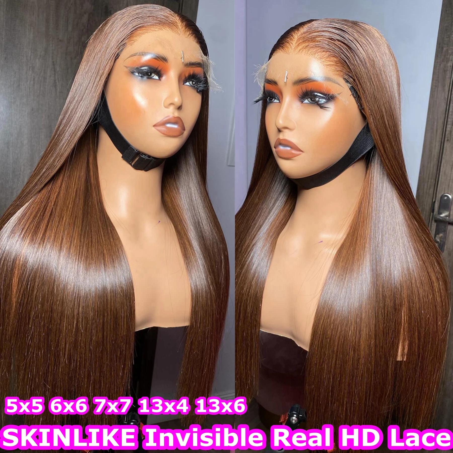 

Straight Chocolate Brown 13x6 Melt Skin HD Lace Front Human Hair Wigs Pre Plucked Honey Brown Invisible HD Lace Frontal Wigs