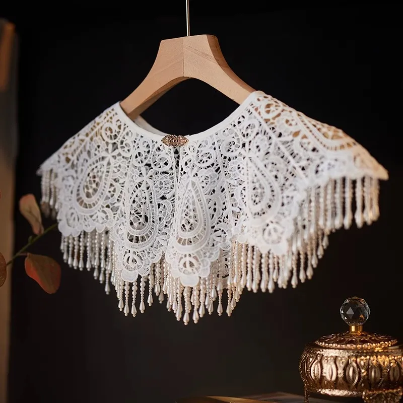

Women's Hollow Out White Lace Pearl Tassel Pashmina Female Spring Summer Vintage Shawl Cloak R2382