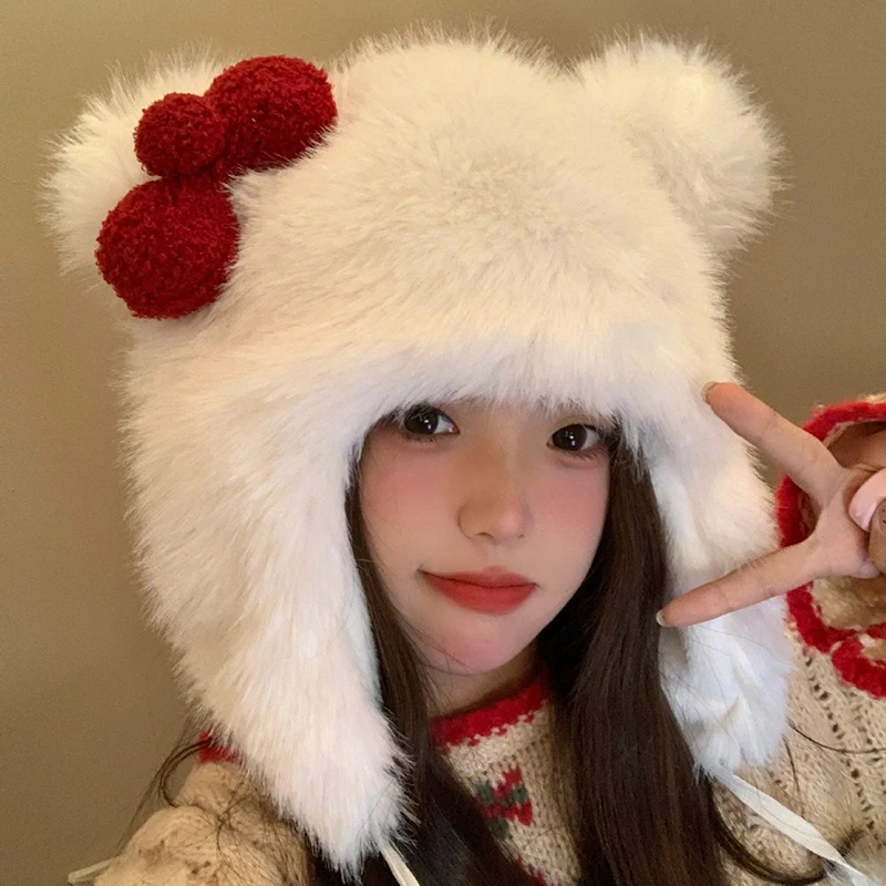 Cat Ear Cap For Cold Weather Bowknot Plush Hat For Girls Furry Women Windproof Ear Flap Hat Outdoor Activity Casual Hats