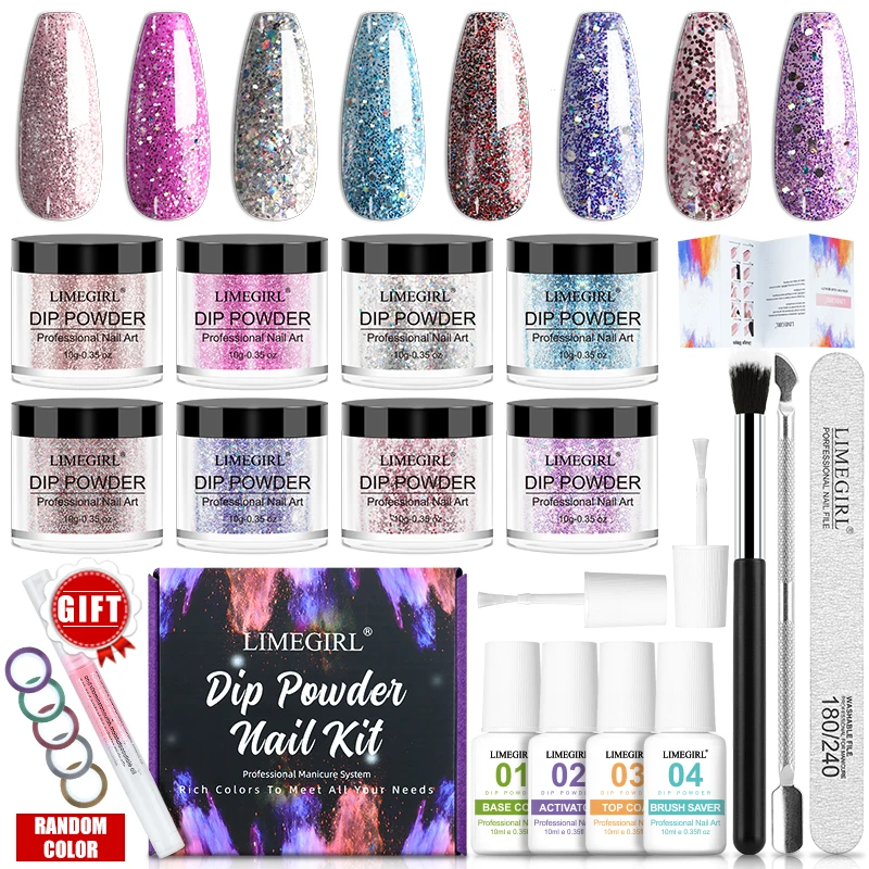 Dipping Nail Powder Set French Nail Color iridescent Glitter with Dip Powder Gel Liquid Activator,Base,Top,Brush Saver Manicure