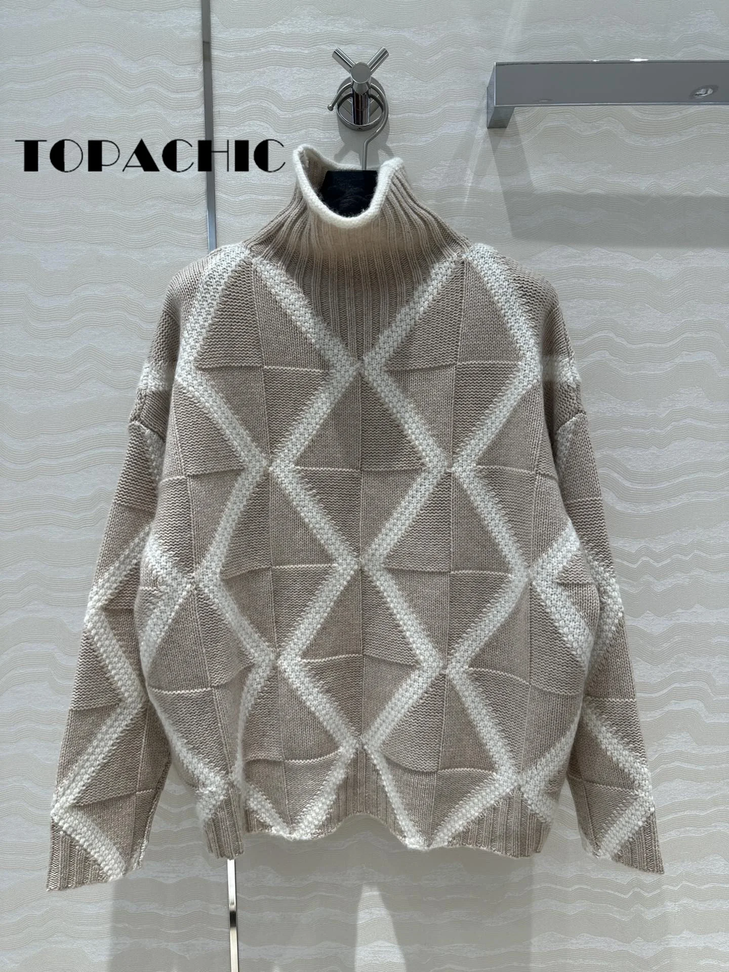 7.23 TOPACHIC Classic Contrast Color Argyle Plaid Jacquard Weave Pullover Jumpers Turtleneck 100% Cashmere Knit Sweater