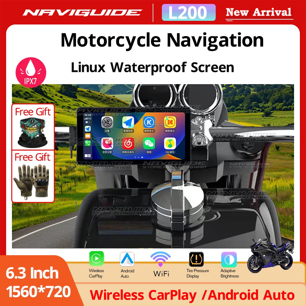 

NAVIGUIDE L200 6.3inch Linux Wireless CarPlay GPS Navigation Motorcycle Android Auto Screen Portable Moto Monitor Bluetooth WiFi