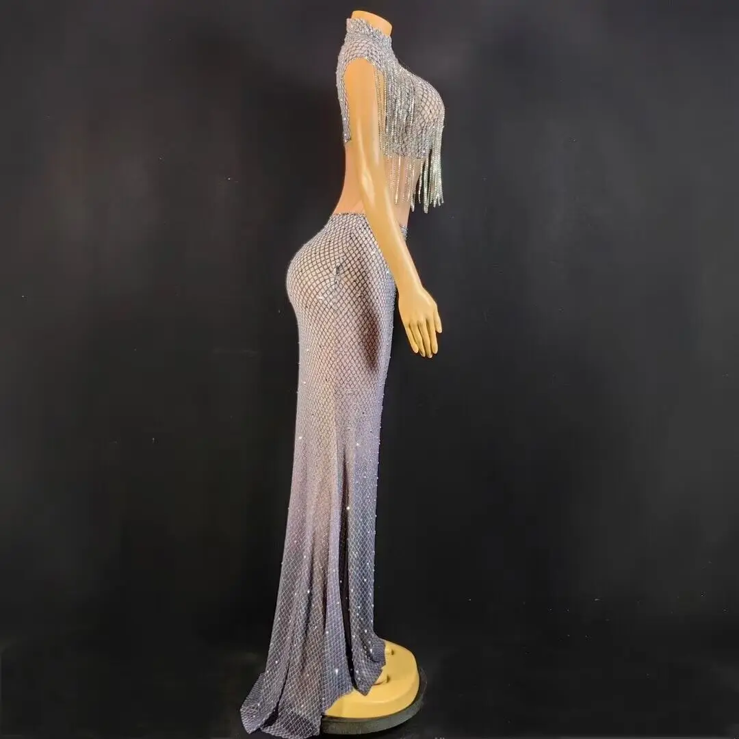 Maßge schneiderte neue sexy Quasten Spitze Diamant Perle Pailletten Feder Wasser Diamant Wrap Hüfte Kleid langes Kleid Performance-Kleid