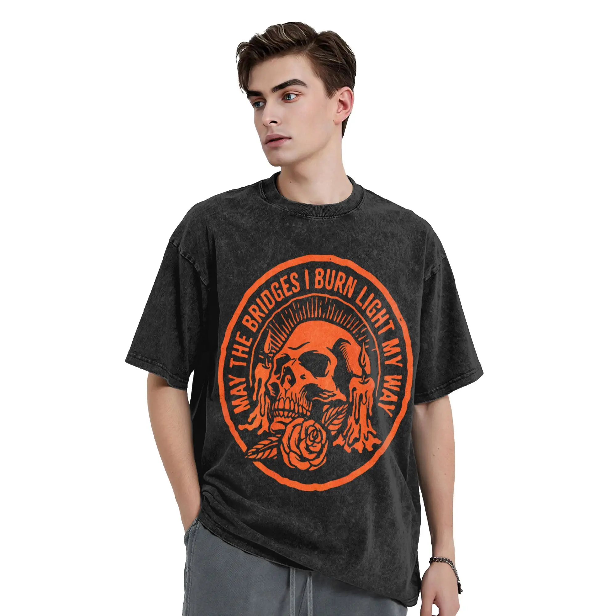 May The Bridges I Burn Light My Way Skull Gothic On Back Washed T-Shirt Male Summer O Neck Trendy Cool Tees Oversized Clothes