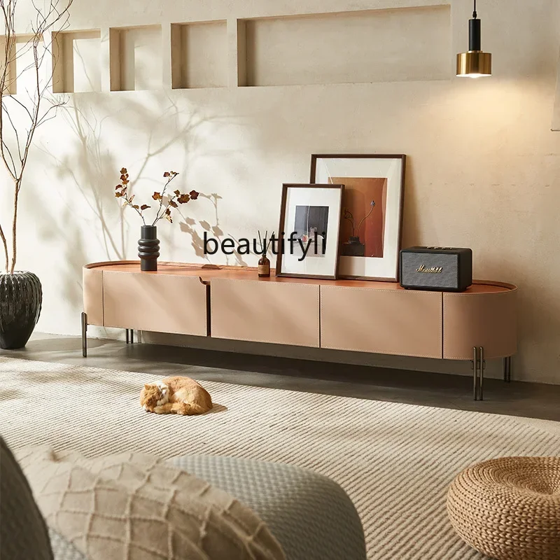 Italian light luxury TV cabinet coffee table combination small apartment modern simple video cabinet saddle leather