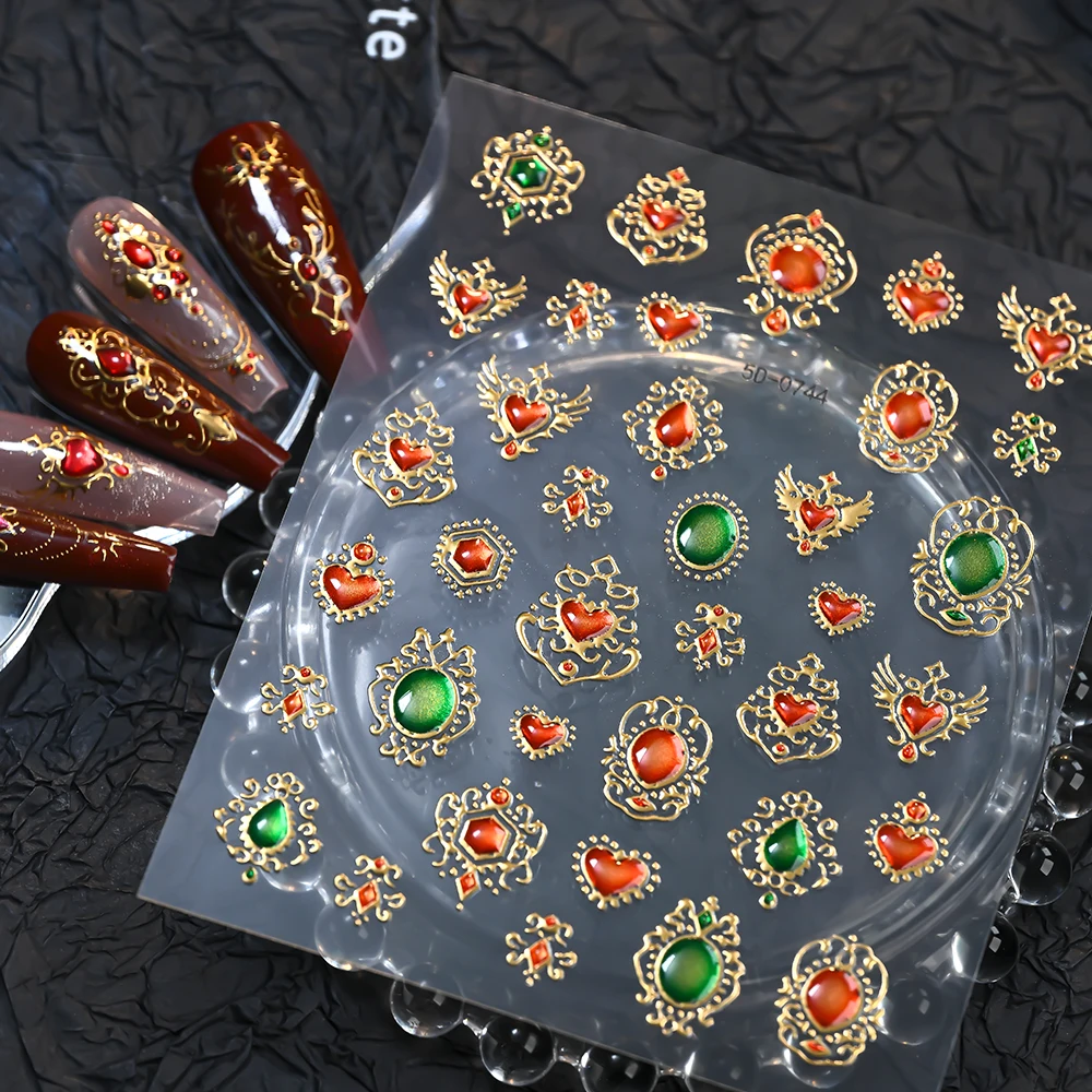 1pcs Y2K Braoque Fire Heart Jewelry 5D Nail Stickers Crystal Gemstone Lace Totem Embossed Nail Decals Manicure Decor Accessories