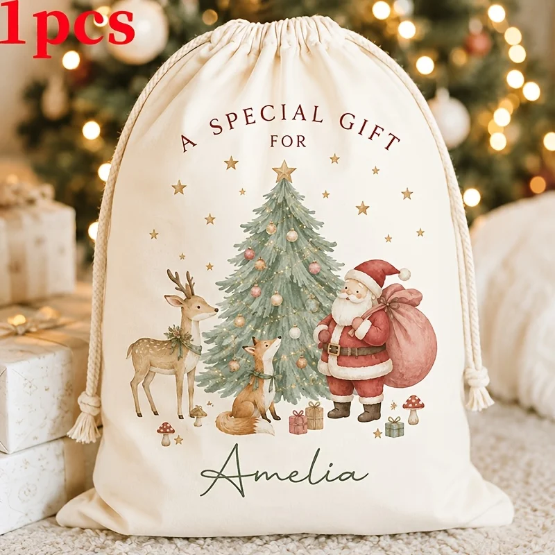 Personalized Christmas Gift Drawstring Bag Custom Name Santa Deer Fox Sack Large Canvas Christmas Present Storage Pouch Gift Bag