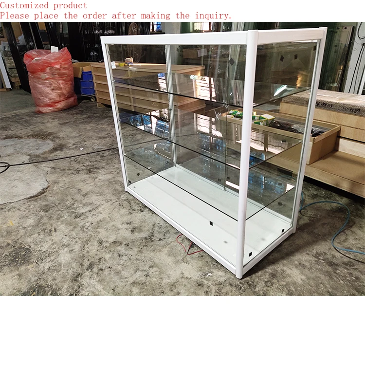 

Custom.Guangzhou Old Factory Pure White Tempered Glass and Aluminum Frame All Sides Glass Cashier Counter Table with Lockable Do