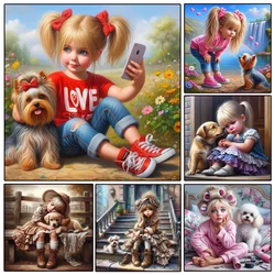 New 2024 Cross Stitch Girl and Dog 5D DIY Diamond Painting Mosaic Rhinestone Embroidery Kit Home Wall Decor Gift