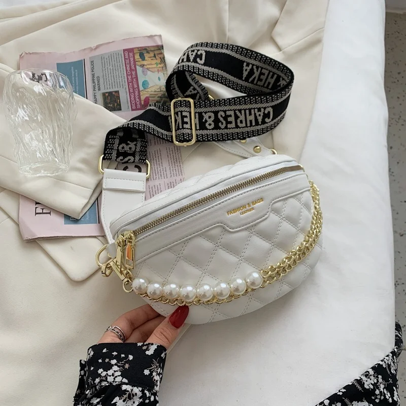 Luxury pearl Beading Chain Waist Bags For Women Diamond Lattice PU Fanny Pack Female Stylish Waist Pack Wide Strap Crossbody Bag