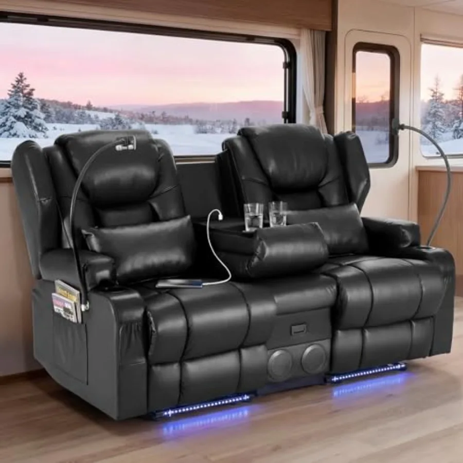 

Redlife Power Recliner Sofa, PU Leather Dual Reclining Couch with Blue LED Light, Bluetooth Speakers, Phone Holders, USB Ports,