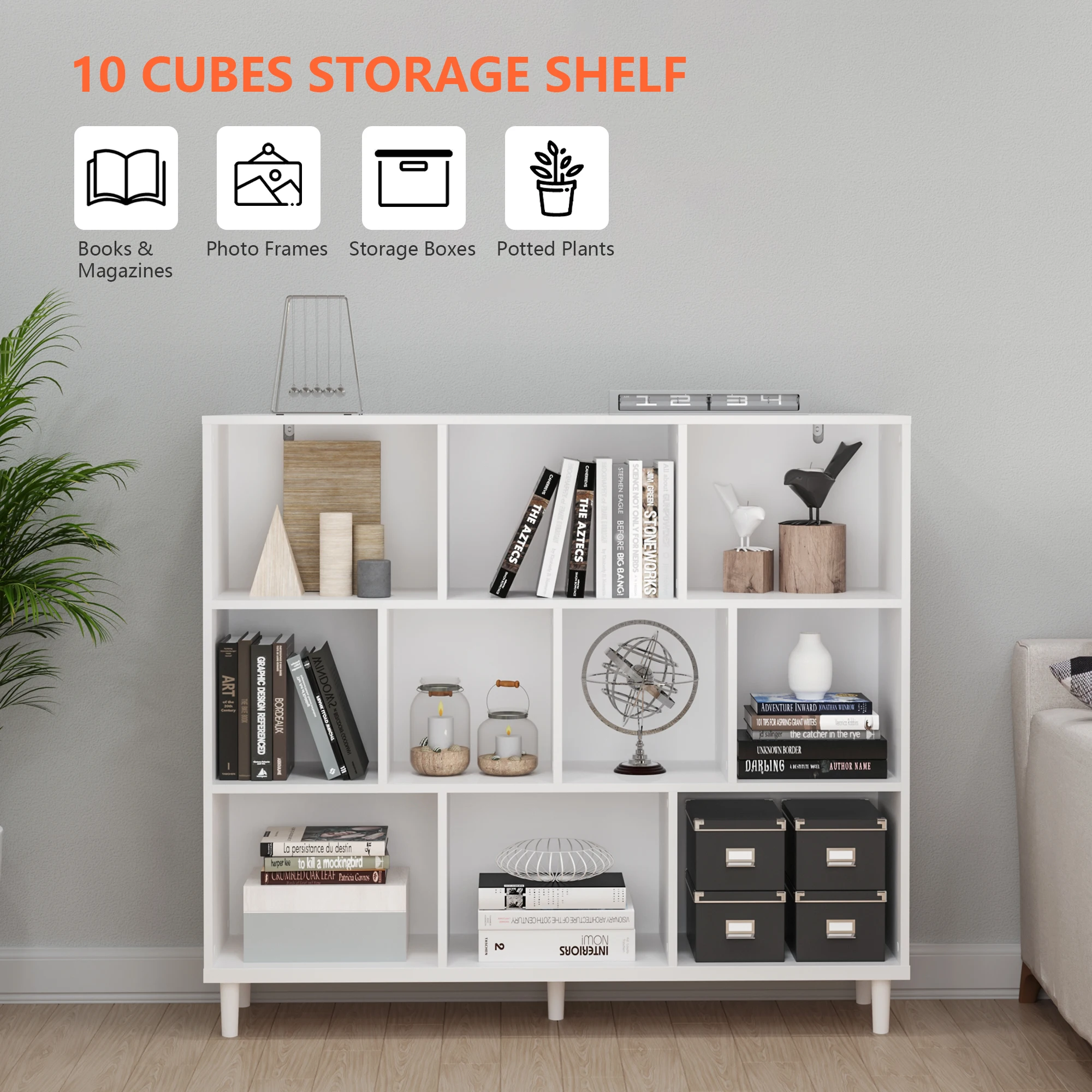 10-Cube Open Bookshelf White 3-Tier Grid Storage Cabinet Freestanding Display Bookcase with Legs Modern Living Room Divider Shelf Suitable for Living Rooms Homes Bedrooms view 3