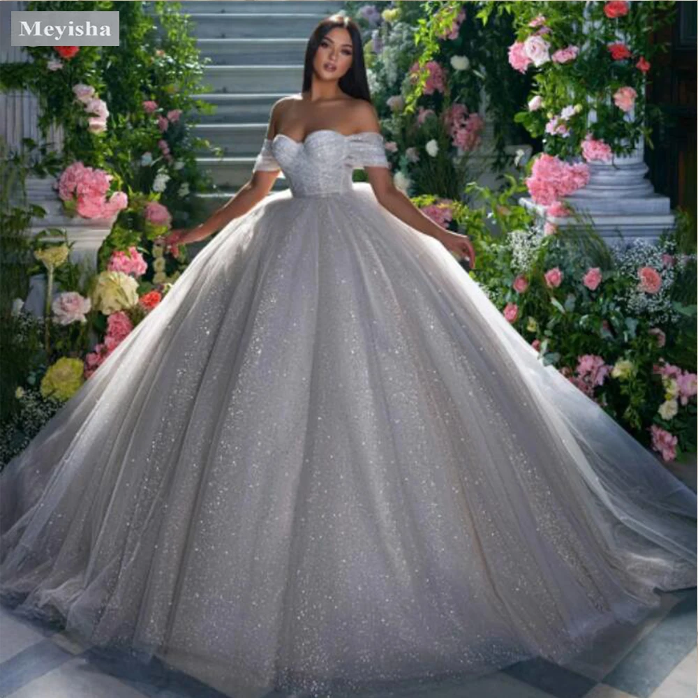 ZJ9360 Customized Glitter Tulle Wedding Dresses Off Shoulder Shiny Puffy Pleated Bridal Gowns Sparkly Pageant 2026 Bride Dress