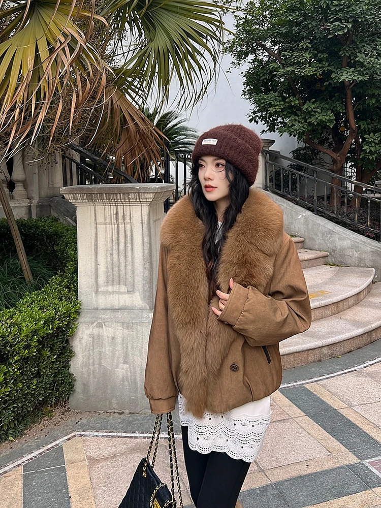 

Теплая женская куртка с меховым воротником и наполнителем из гусиного пуха, повседневная, укороченная, свободного кроя, от LA.eila, новинка осенне-зимнего сезона