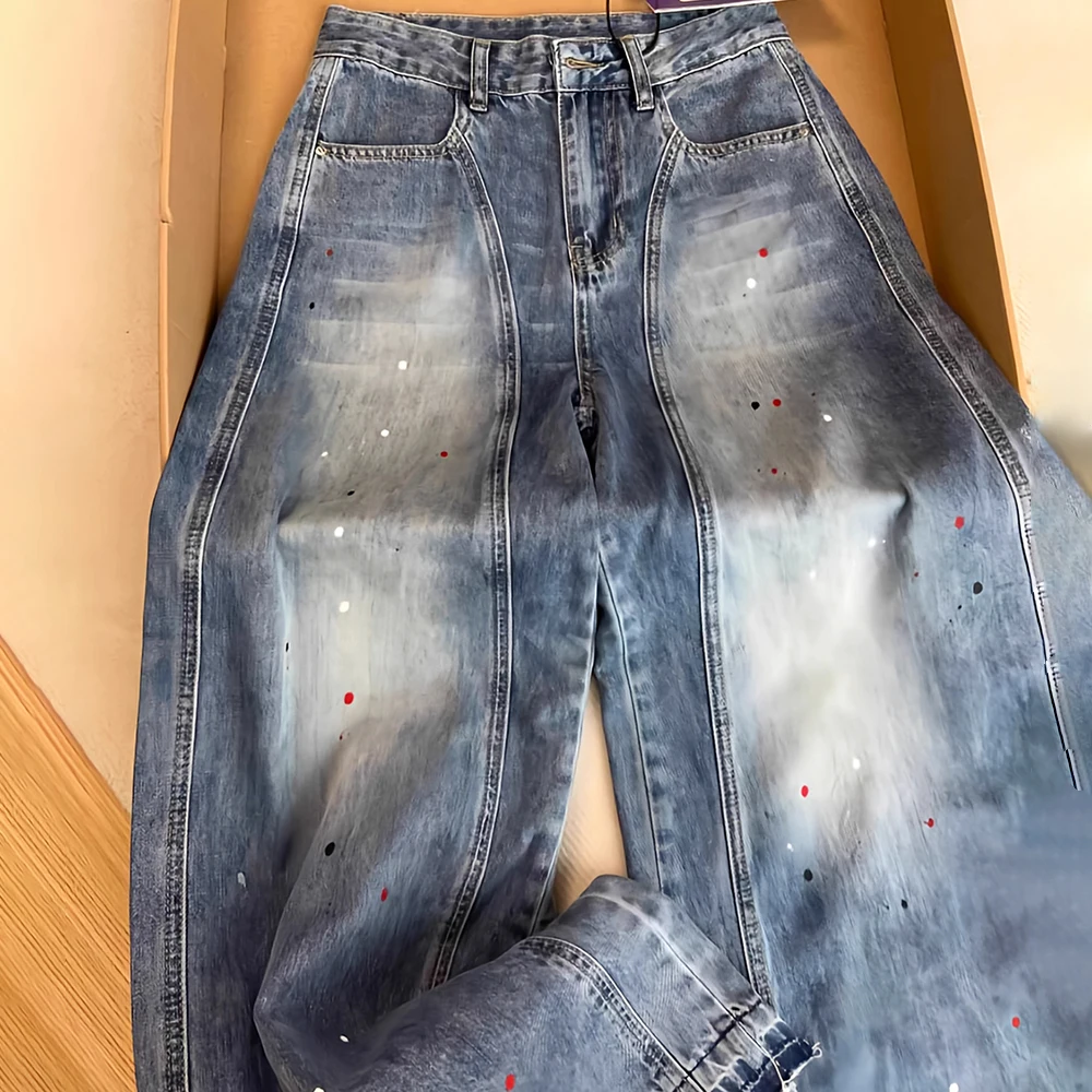

American Style Painted Jeans Women Stright Wide Leg Splash-ink Denim Pants 2025 New Autumn High Waist Loose Floor Length Pants