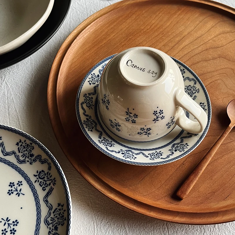 Vintage Ceramic Coffee Cup and Saucer Set, European Style Tea Cups, Blue and White Tea Mug, Afternoon Tea Water Mugs