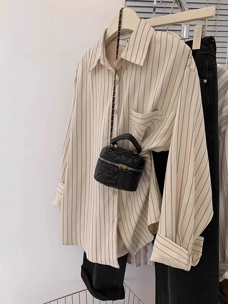 

SuperAen Striped Shirt Women 2024 New Spring and Autumn Design Niche Shirt Long Sleeved Shirt