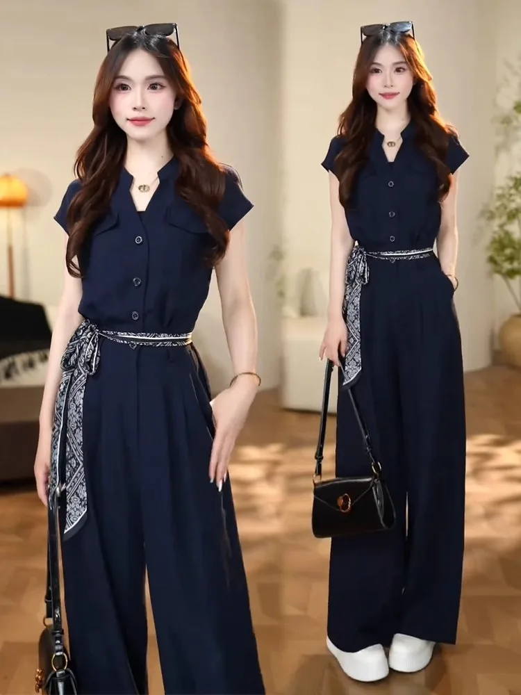 

Модный цельный костюм Ханчжоу, женский летний новый комбинезон с драпировкой на талии для похудения, модный комбинезон с v-образным вырезом на пуговицах