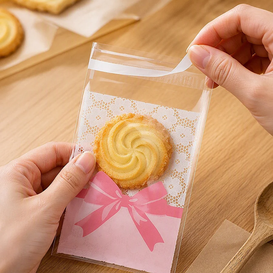 50-150Pcs Pink Bow Lace Plastic Cookie Bags Self‑adhesive Transparent Candy Treat Gift Pouches Wedding Birthday Party Favor