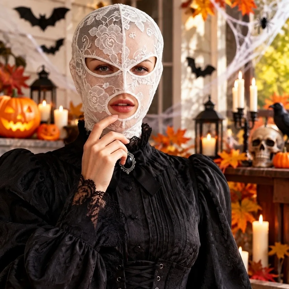 Vintage Halloween Head Cover Quick-dry Breathable Gothic Lace Mask Elegant With Eye Mouth Openings Black White Mesh Headpiece